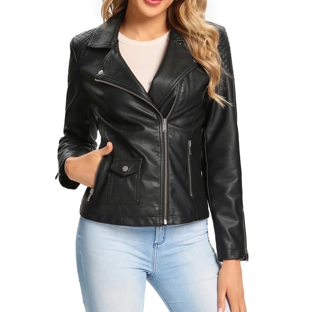 SPYM Women Black Faux Leather Moto Jacket Quilted Asymmetric Zip XL Biker Rocker